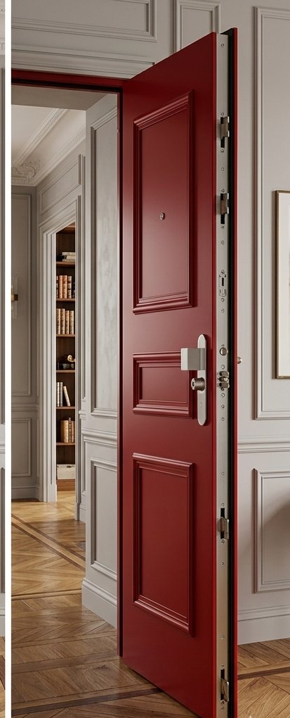 Porte blindée Tenola gamme Confort BP2 ouverte dans un appartement haussmannien - pênes et serrure multipoints visibles