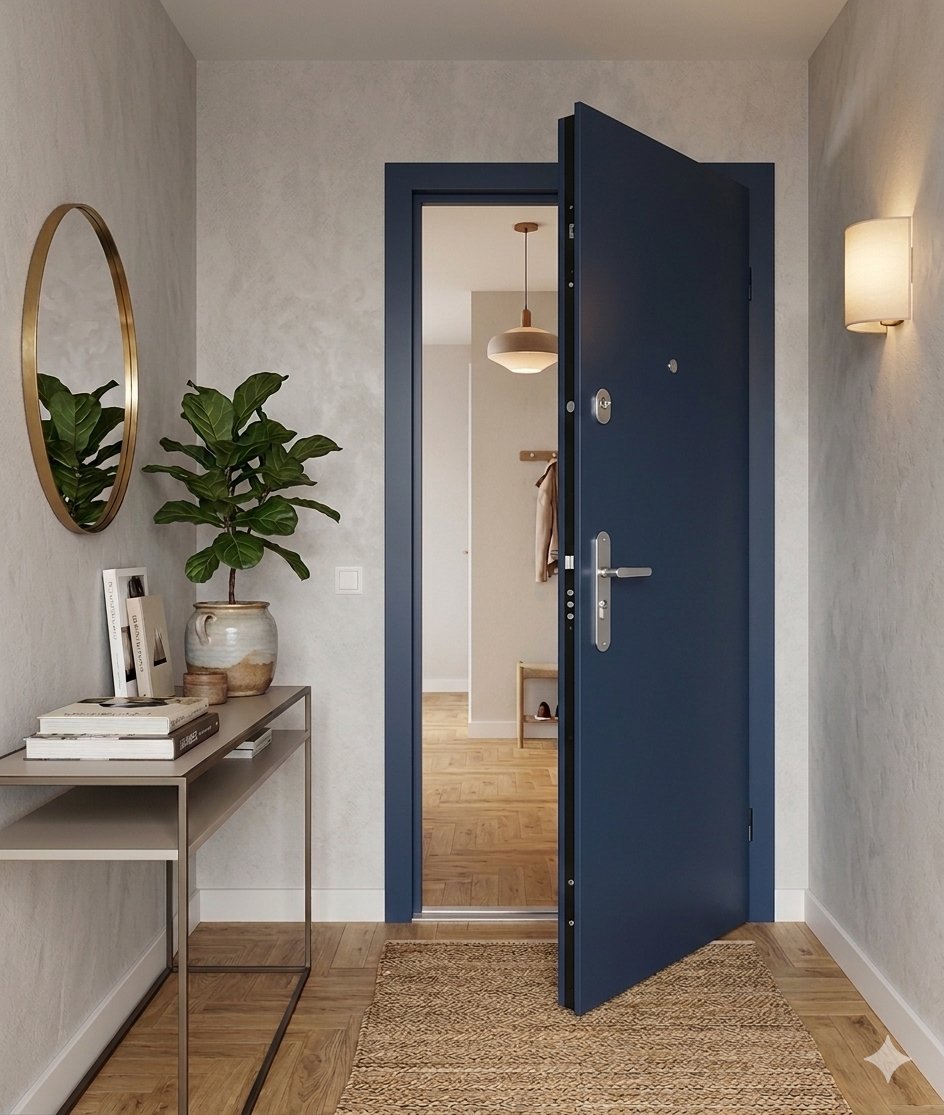 Porte blindée Tenola gamme Essentielle BP1 ouverte dans un appartement moderne - pênes de verrouillage visibles